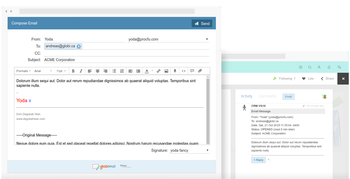 GlobiMail dashboard showing email integration with Podio